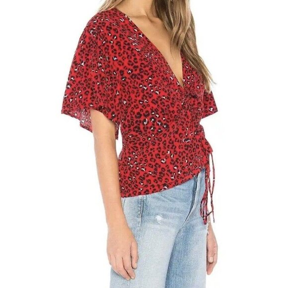Lovers + Friends Valentina Top Small Red‎ Animal Print Cinch Front Flutter S/S - Picture 6 of 16
